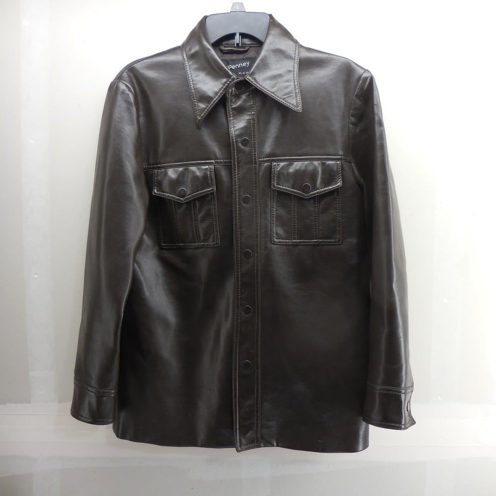 Vintage JCPenney Brown Faux Leather Shirt Jacket Snap Front 70s Style Small